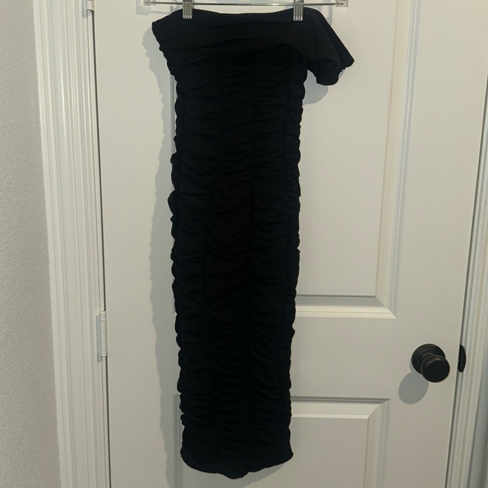 black ruched midi dress from oh Polly